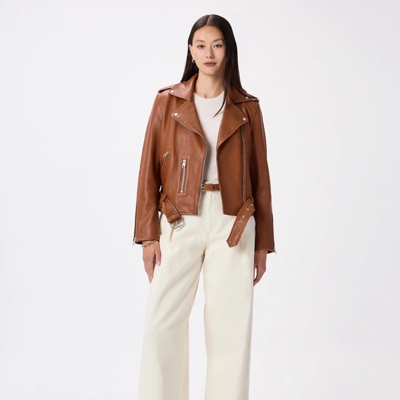 QUINCE 100% Leather Motorcycle Jacket $300.00 Woman’s Size XL Color Cognac Brown - Picture 2 of 11